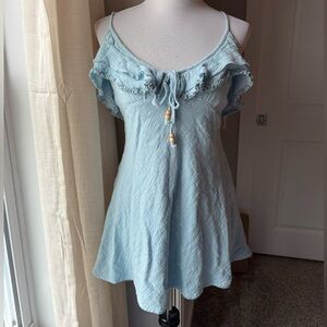 Free People Blue Ruffle Open Back Tunic Mini Dress Boho Size M